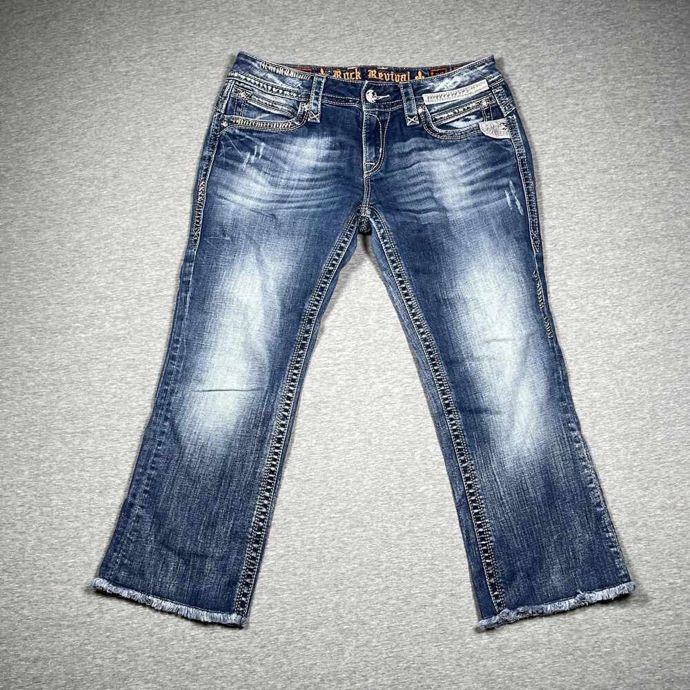 Rock Revival Gwen Capri Jeans Womens 27 Blue Low Rise Slim Embroidered